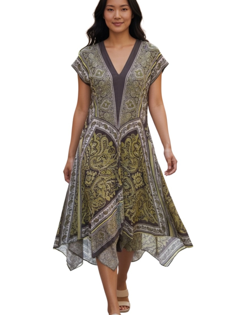 Marc Bouwer Olive and Gray Paisley Asymmetrical V-Neck Dress